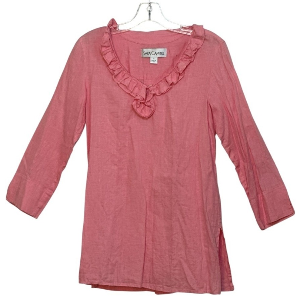 SARA CAMPBELL Women Tunic Pink Linen Ruffle Resort Wear Casual Chic USA S
